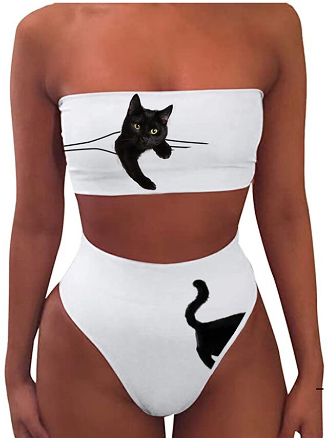  Women's Swimwear Tankini 2 Piece Swimsuit Animal Slim Print White Strapless Bandeau Bathing Suits Sexy New