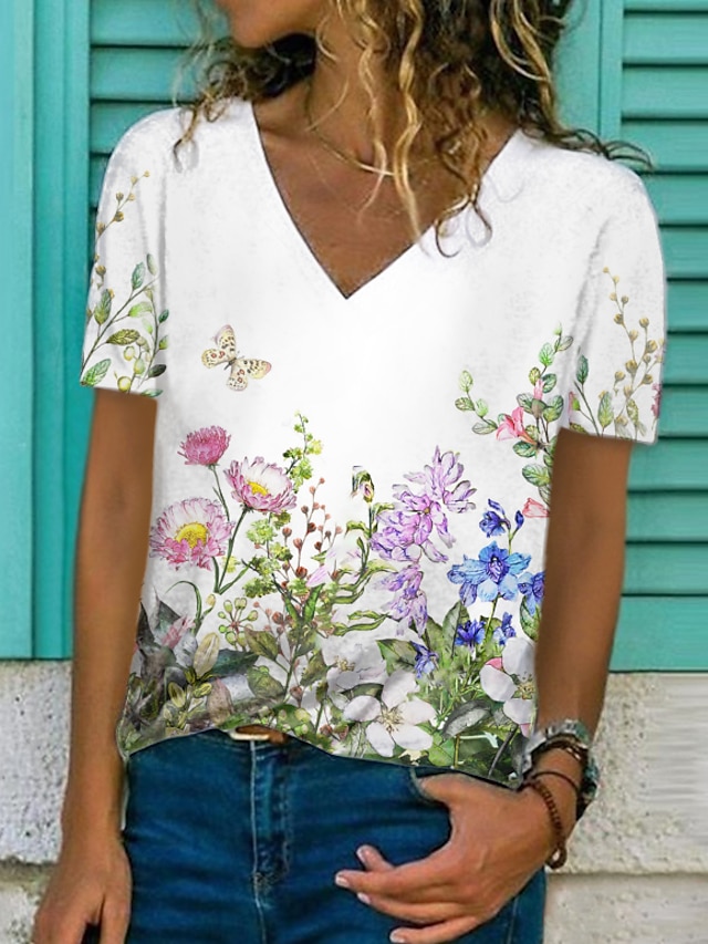  Women's Floral Graphic Patterned Daily Weekend Floral Painting Short Sleeve T shirt Tee V Neck Print Basic Essential Tops White S / 3D Print
