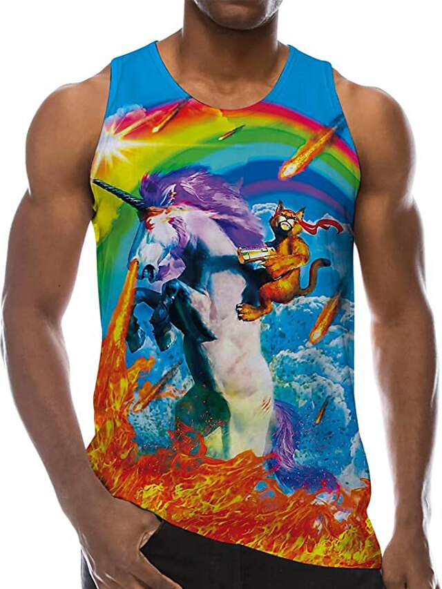  Men's Tank Top Shirt Undershirt Crew Neck Cat Unicorn Flamingo A B 3D Print Sleeveless 3D Print Daily Holiday Tops Casual Beach / Summer / Summer