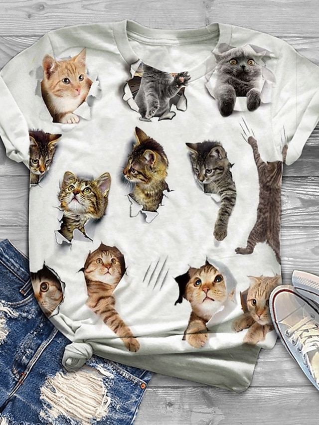  Women's Plus Size Tops T shirt Cat Graphic Short Sleeve Print Crewneck Cotton Spandex Jersey Daily Holiday White