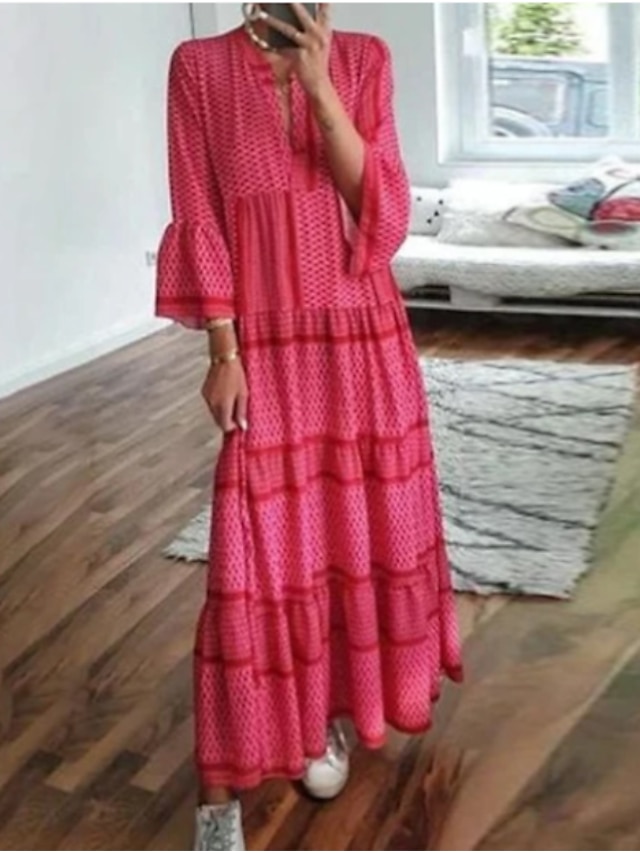  Women's Red Geometric Fall Maxi Dress
