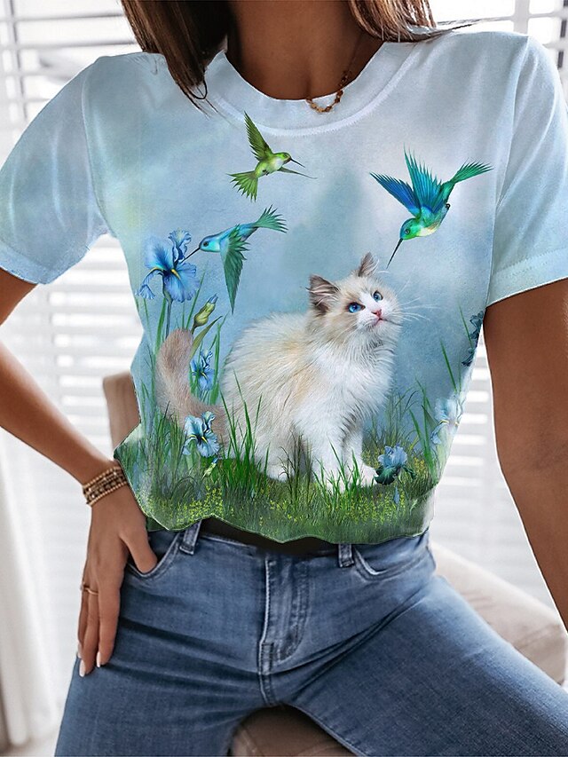  Damen T Shirt Blau Grün Leicht Blau Bedruckt Graphic Katze Täglich Wochenende Kurzarm Rundhalsausschnitt Basic Standard Schmetterling 3D Cat Farbe S