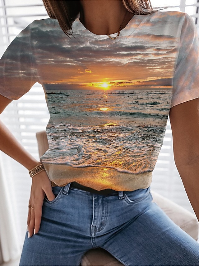  Per donna maglietta Giallo Verde Grigio Stampa Pop art Paesaggi Per eventi Fine settimana Manica corta Rotonda Essenziale Stile da spiaggia Standard 3D Pittura S