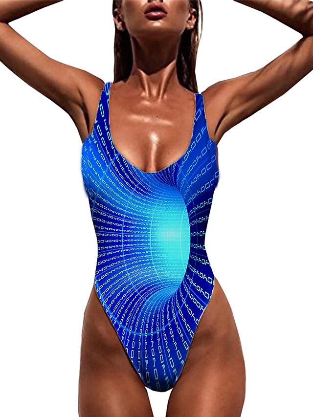  Damen Ein Stück Monokini Badeanzug Druck Geometrisch 3D Blau Bademode Bodysuit Gurt Badeanzüge neu Sexy