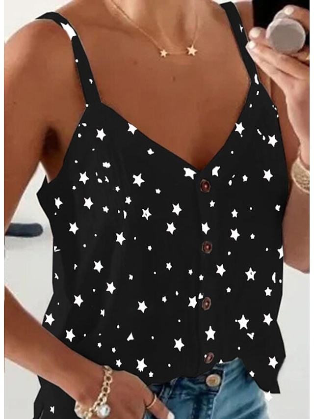  Women's Camisole Blouse Star V Neck Print Sexy Tops White Black Red