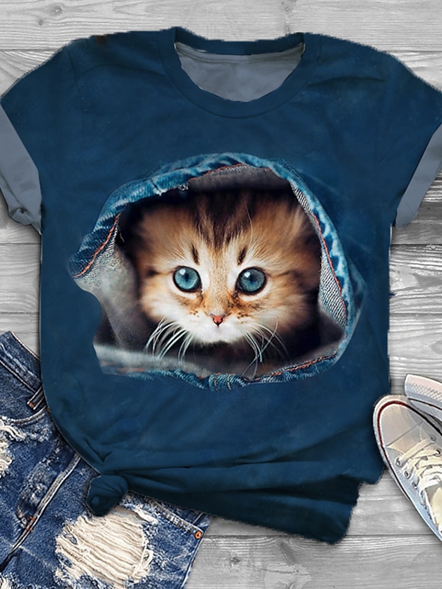  Damen Übergröße Oberteile T-Shirt Katze Grafik Kurzarm Bedruckt Grundlegend Rundhalsausschnitt Baumwoll-Spandex-Trikot Täglich Blau Schwarz