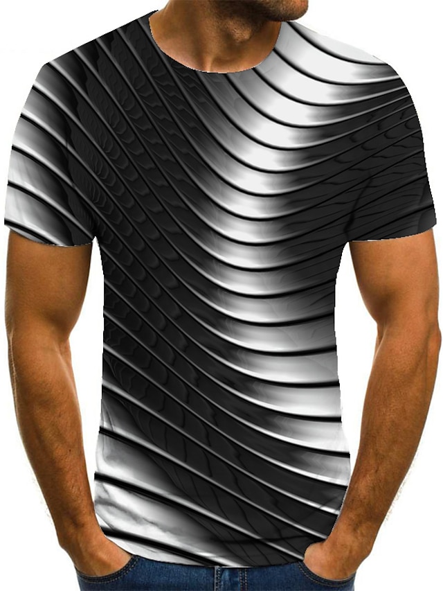 Herre T-shirt Skjorte Geometrisk 3D-udskrivning Rund hals Afslappet Daglig Kortærmet 3D-udskrivning Trykt mønster Toppe Afslappet Mode Sort / Hvid