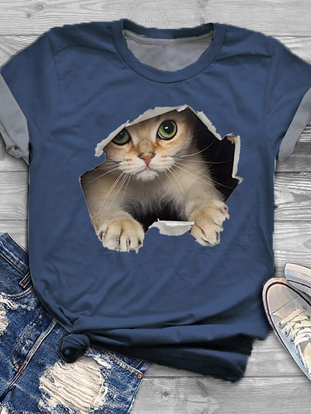  Mulheres Plus Size Blusas Gato Gráfico 3D Camiseta Estampado Decote Redondo Manga Curta Primavera Verão Básico Tamanho grande / Tamanhos Grandes / Tamanhos Grandes