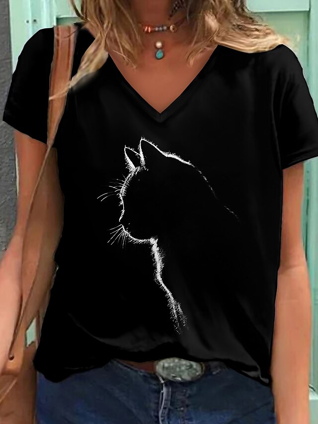  Dame T-shirt Kat Grafisk Daglig Weekend 3D kat Kortærmet T-shirt V-hals Trykt mønster Basale Sort S / 3D-udskrivning