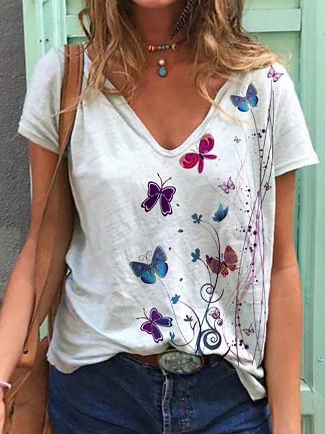  Damen Schmetterling Täglich Kurzarm T Shirt V Ausschnitt Basic Oberteile Weiß Blau Purpur S / 3D-Druck
