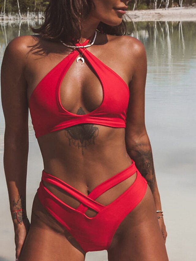  Damen Bademode Bikinis Badeanzug mit Schnürung Armeegrün Rote Bademode Halfter Badeanzüge