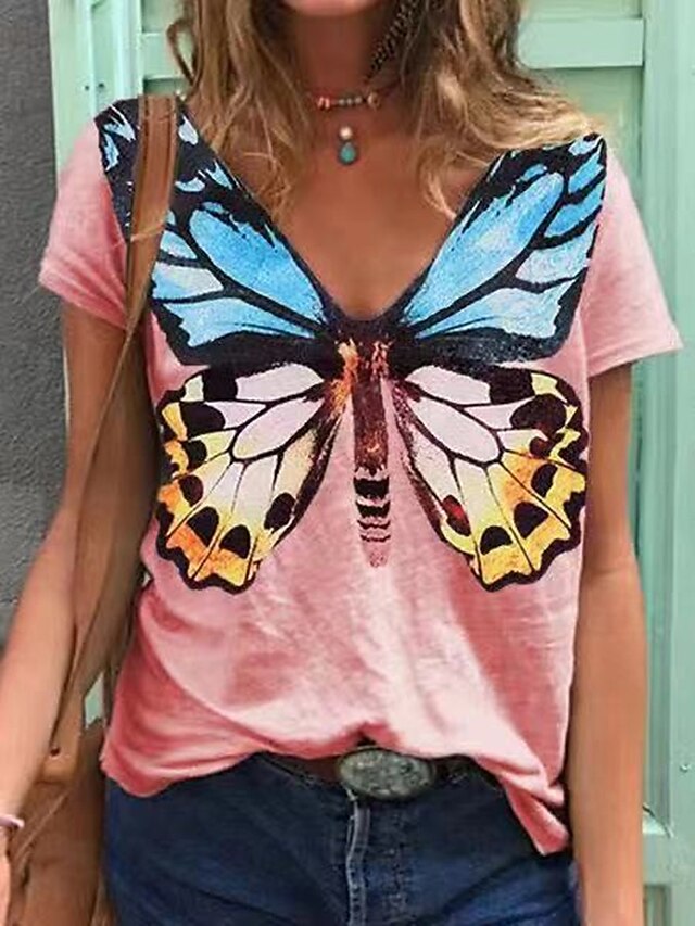  Women's T shirt Butterfly Print V Neck Basic Tops Cotton Black Blue Blushing Pink