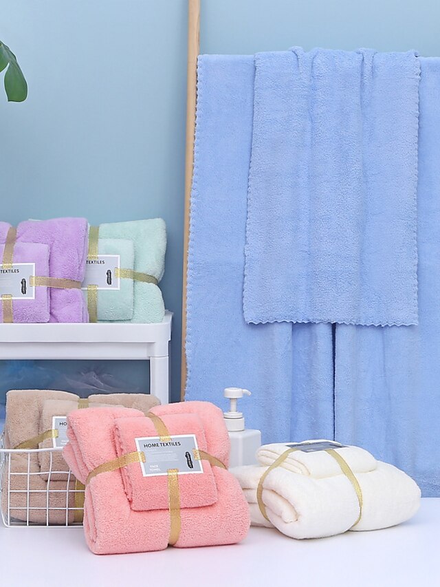  LITB Basic Bathroom Soft Absorbent Bath Towel & Hand Towel Comfortable Coral Fleece Solid Colored Daily Home Bath Towels 2 pcs in 1 Set 70*140 & 35*75cm