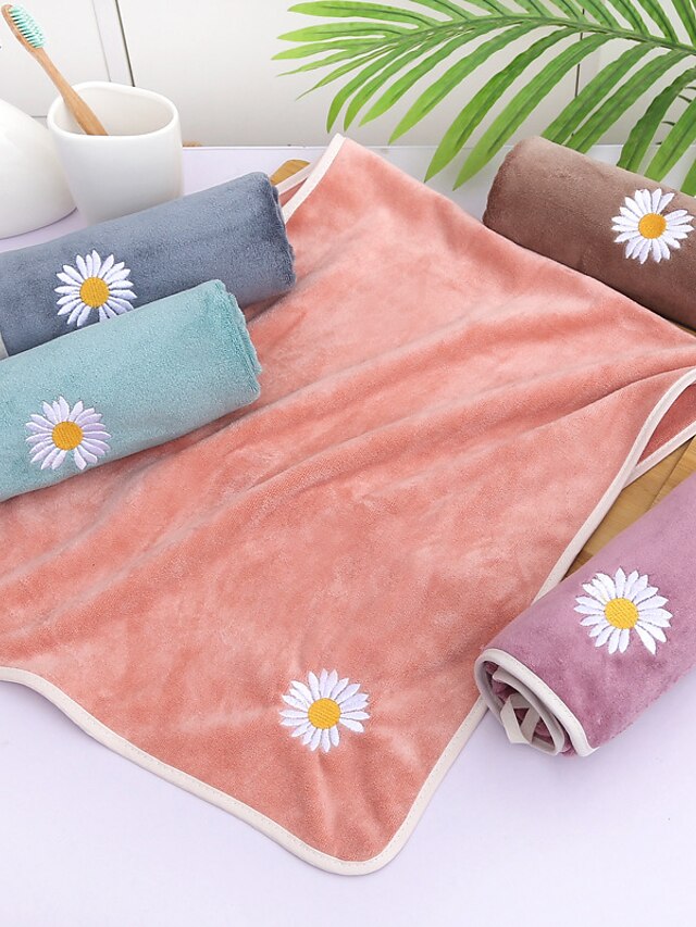  LITB Basic Bathroom Soft Coral Fleece Hand Towel Cute Daisy Flower Embroidery Solid Colored Comfortable Absorbent Daily Home Wash Towels 1 pcs 35*75cm