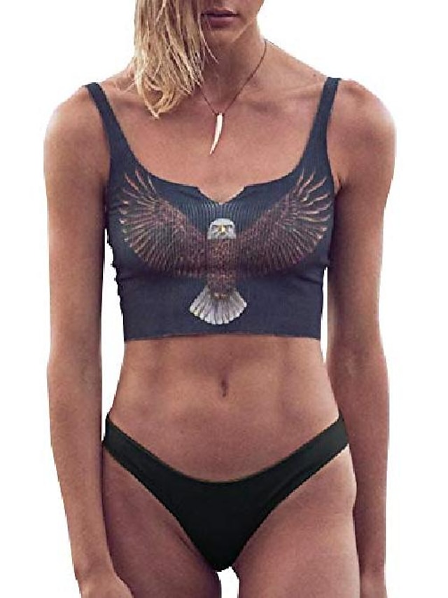  women's cute animal printed crop top swimsuit two piece bikini set bathing suit beachwear (m, 3 eagle grey- black)