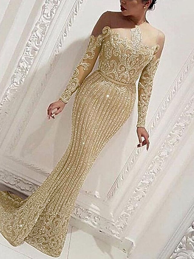  Women's Trumpet / Mermaid Dress Maxi long Dress Gold Long Sleeve Solid Color Sequins Patchwork Fall Round Neck Elegant Sexy 2021 S M L XL XXL