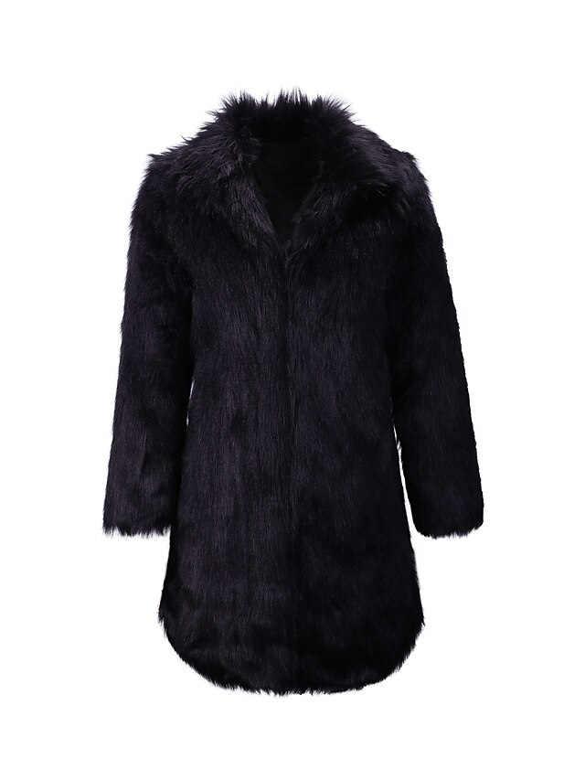  Women's Faux Fur Coat Fall Winter Going out Long Coat Thermal Warm Regular Fit Elegant Jacket Long Sleeve Quilted Solid Color Black