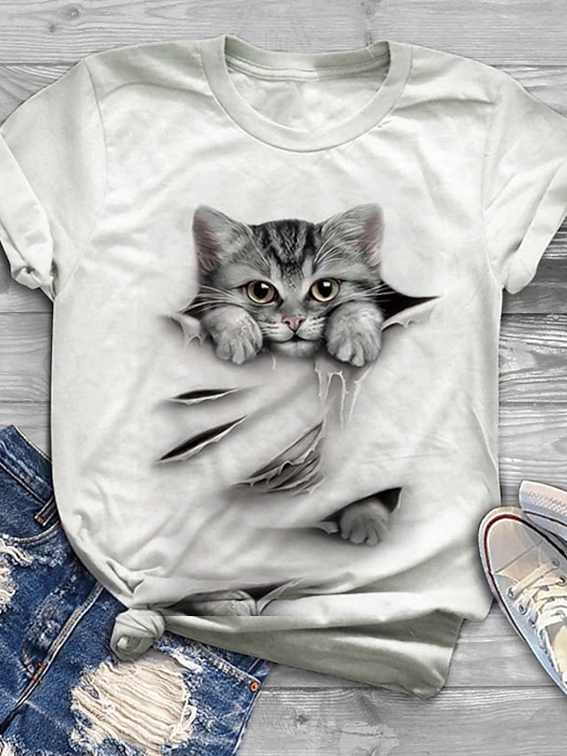  Women's Plus Size Tops T shirt Cat Graphic Short Sleeve Print Basic Crewneck Cotton Spandex Jersey Daily Holiday Black White