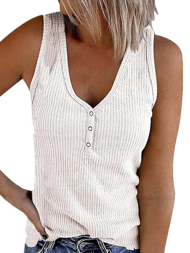  Women's Tank Top Going Out Tops Henley Shirt Vest Plain Casual Daily Holiday Button Black Sleeveless Streetwear Basic Beach V Neck