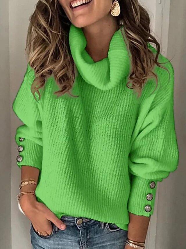  Mulheres Pulôver Côr Sólida Tricotado à moda Dia de São Patrício Manga Longa Solto Casacos de malha Outono Gola Alta Verde Azul Branco