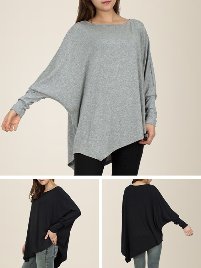  Chemisier Femme du quotidien Fin de semaine Manches Longues Plein Col Rond Asymétrique basique Noir Gris Hauts énorme 65%Cotton 35%Polyester Taille unique