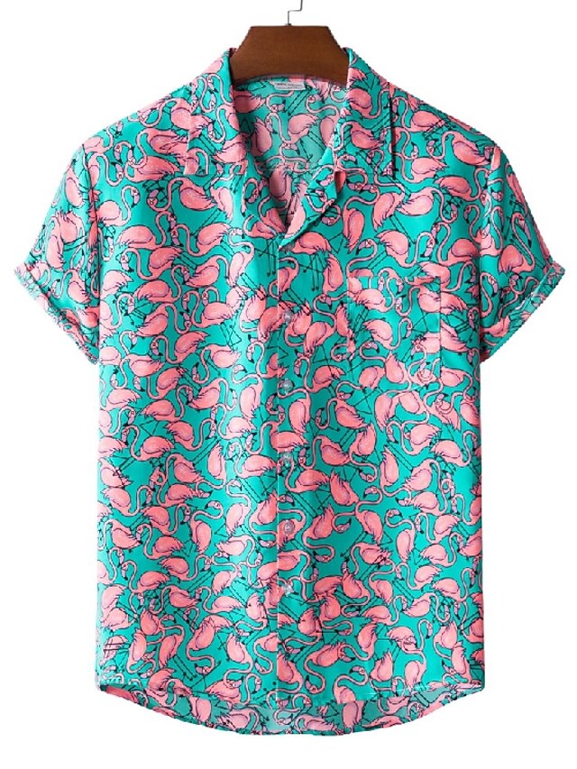  Men's Shirt Graphic Shirt Classic Collar Flamingo Green Other Prints Casual Holiday Print Clothing Apparel Tropical Designer Beach / Short Sleeve / Short Sleeve