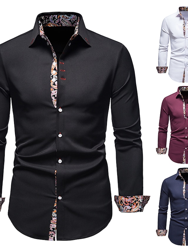  Men's Shirt Abstract Button Down Collar Daily Long Sleeve Tops Simple Elegant Formal Classic White Black Wine