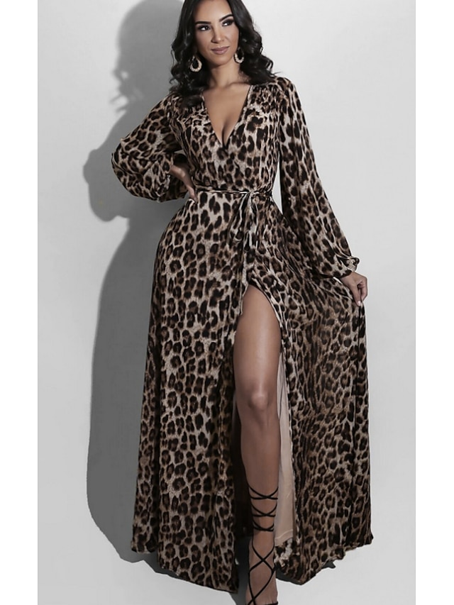  Mujer Vestido de una línea Vestido largo maxi Marrón Manga Larga Leopardo Estampado Otoño Escote en Pico Elegante Casual 2021 S M L XL XXL