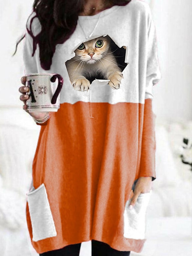  Dame Påske T skjorte Langermet Katt Grafisk 3D Rund hals Lomme Grunnleggende Topper Løstsittende Svart Grå Kakifarget S