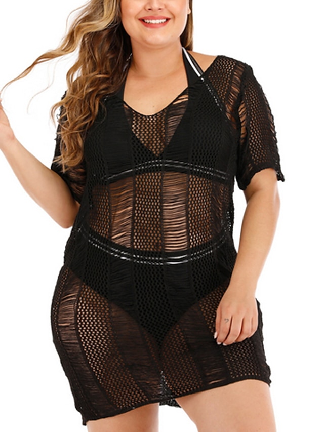  Women's Swimwear Cover Up Plus Size Swimsuit for Big Busts Solid Colored Black Bathing Suits