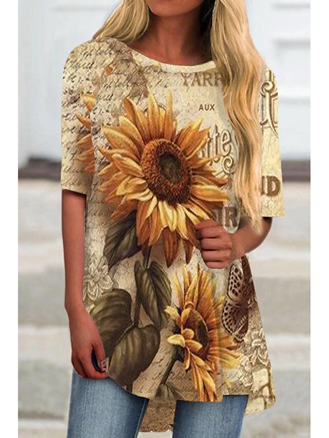  Femme Robe courte courte Robe T shirt Blanche Kaki Jaune Beige Demi Manches Imprimer Floral Imprimer Col Rond Printemps Eté Décontractée 2022 S M L XL XXL 3XL
