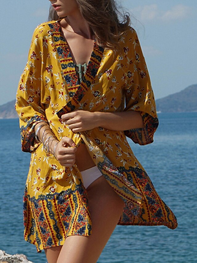  Women's Cover Up Swimsuit Geometric Yellow Swimwear Bathing Suits