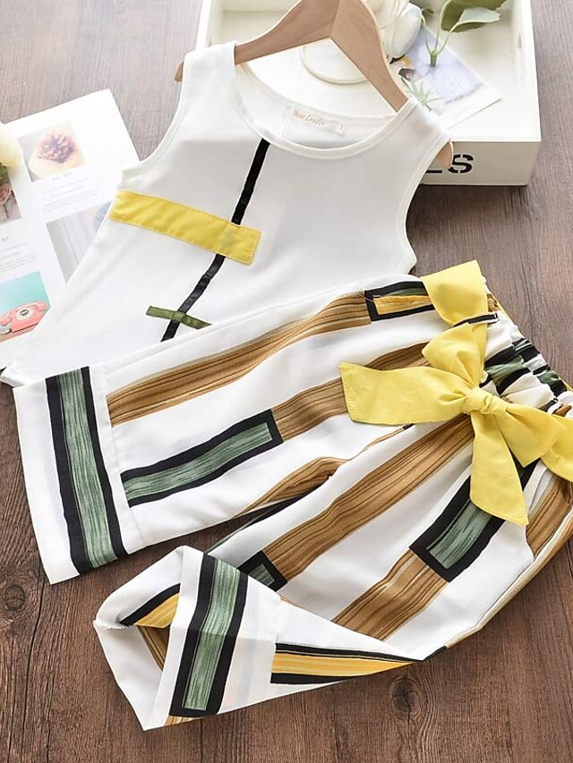  Kids Girls' Clothing Set Sleeveless 2 Pieces White Print Striped Daily Wear Cotton Regular Active