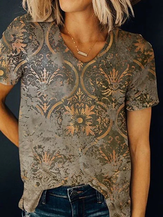  Damen Täglich Wochenende T Shirt Kurzarm Graphic V-Ausschnitt Bedruckt Basic Oberteile Khaki S / 3D-Druck