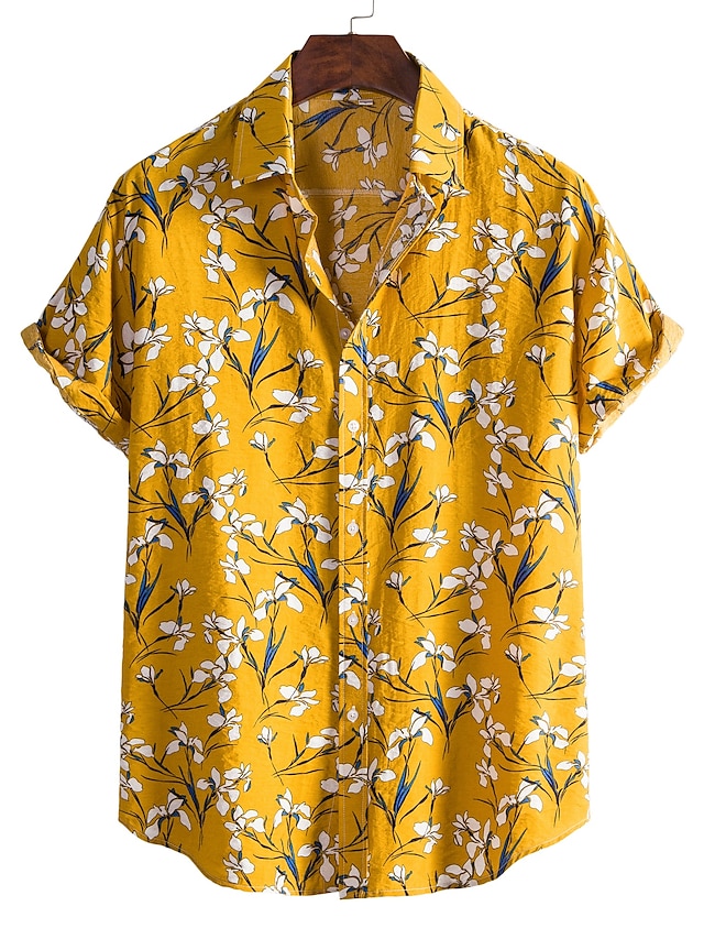  Men's Shirt Letter Animal Other Prints Button Down Collar Daily Vacation Short Sleeve collared shirts Print Tops Beach Boho Yellow