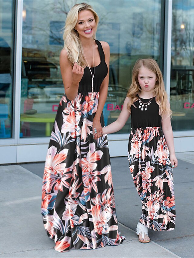  Mommy and Me Dresses Floral Print Black Maxi Sleeveless Tank Dress Daily Matching Outfits / Summer