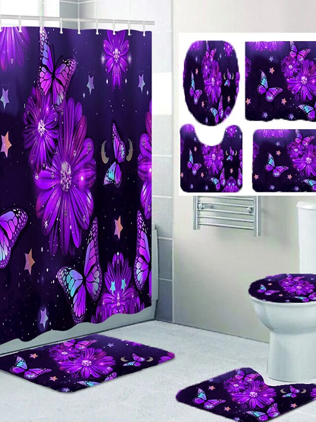  flor púrpura mariposa baño cortina de ducha ocio inodoro conjunto de cuatro piezas