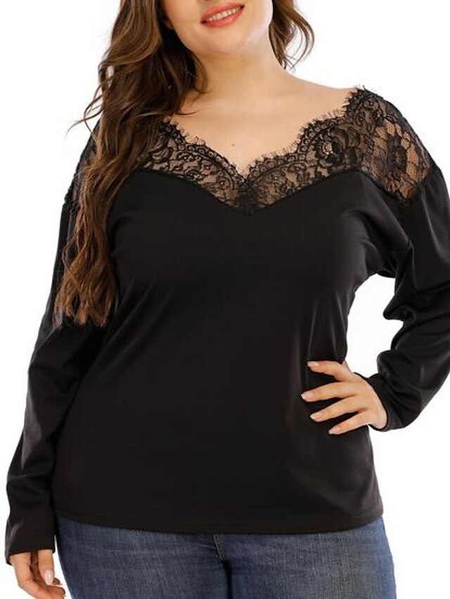  Women's Sexy Plus Size Blouses Blouse Shirt Plain Long Sleeve See Through Patchwork Lace Trims V Neck Tops Black