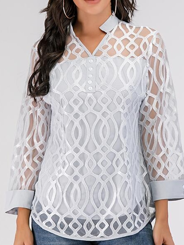  Women's Blouse Solid Colored Geometry Lace Long Sleeve Causal Tops Gray