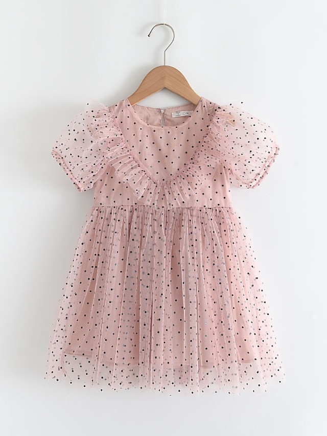  Kids Little Girls' Dress Polka Dot Patchwork Ruffle Mesh Patchwork Blushing Pink Short Sleeve Cute Dresses Regular Fit / Print