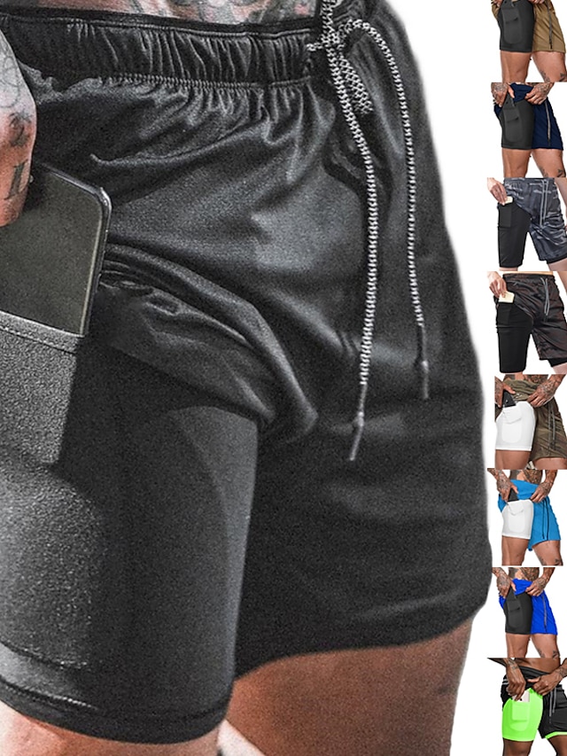  Homens calções atléticos Shorts de Corrida Shorts de Academia Com Cordão 2 em 1 com bolso para telefone Côr Camuflagem Respirável Secagem Rápida Ao ar livre Atlético Ginásio Com Elasticidade Roupa