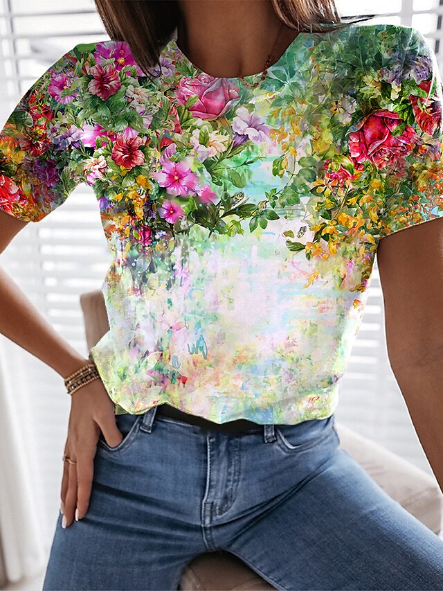  Women's T shirt Tee White Blue Purple Graphic Floral 3D Print Short Sleeve Daily Weekend Basic Round Neck Regular Fit Floral Painting