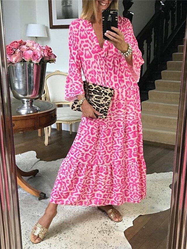  Women's Pink Animal Print Maxi Swing Dress