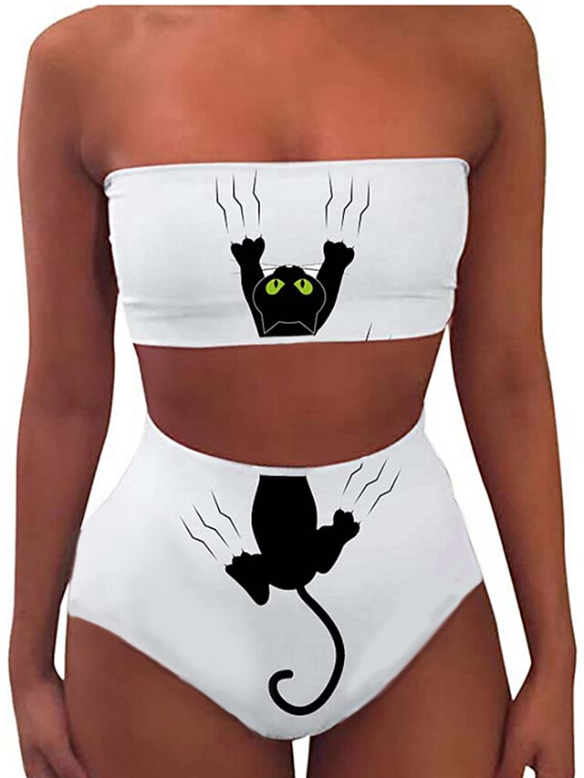  Women's Tankini 2 Piece Swimsuit Print Animal White Swimwear Bandeau Strapless Bathing Suits New Sexy Cute / Slim