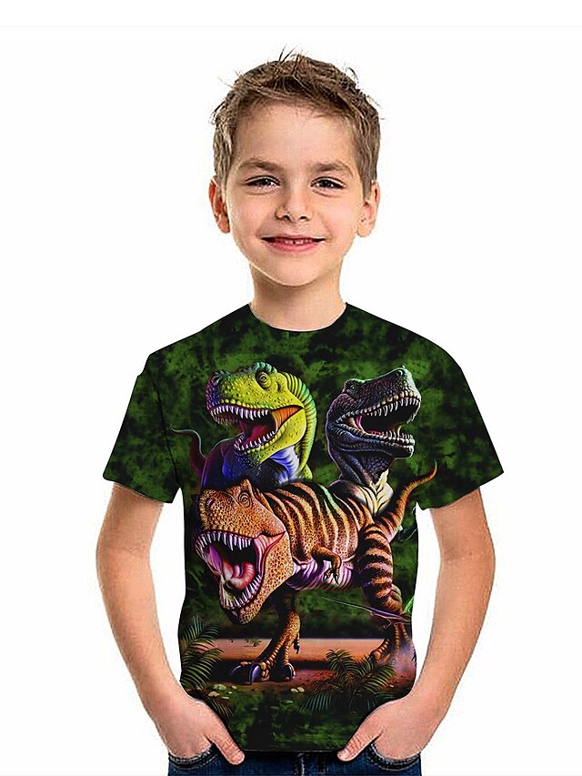  Kinder Jungen T-Shirt Kurzarm Dinosaurier Tier Druck Grün Kinder Oberteile Sommer Aktiv Cool Freizeitskleidung Normale Passform 4-12 Jahre