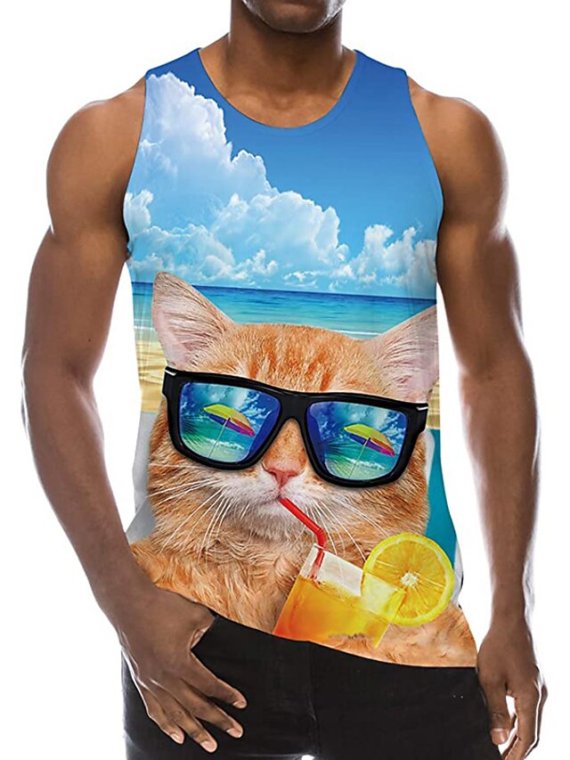  Men's Tank Top Undershirt Cat 3D Print Crew Neck Daily Holiday Sleeveless 3D Print Tops Casual Beach Blue / Summer