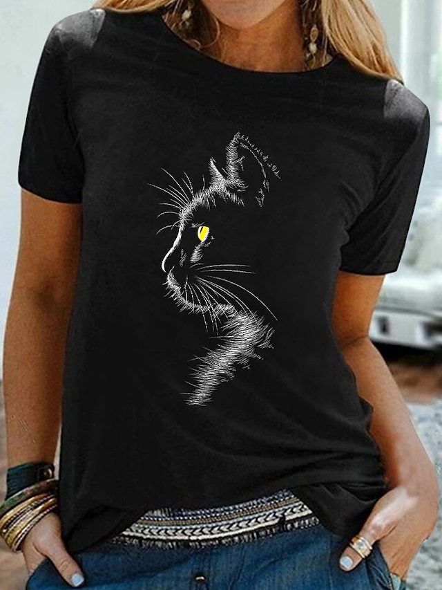  Dame T skjorte Grafisk Katt 3D Daglig Helg Svart Trykt mønster Kortermet Grunnleggende Rund hals Normal