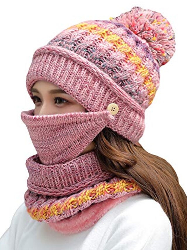  women girls knitted hat scarf mask set winter fleece lined beanie knit ear flaps hat with pompom (pink)