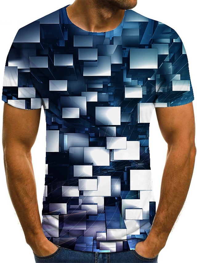  Men's T shirt Tee Geometric 3D Print Round Neck Casual Daily Short Sleeve 3D Print Print Tops Casual Fashion Black / White