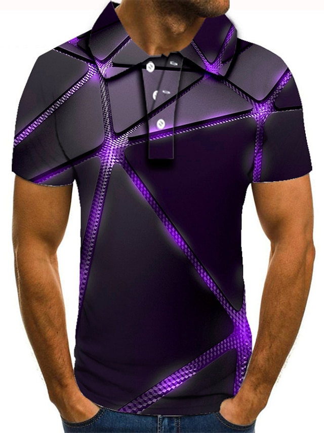  Men's Golf Shirt Tennis Shirt Geometric Graphic Prints 3D Print Collar Street Casual Short Sleeve Button-Down Tops Casual Fashion Cool Purple / Hand wash / Washable / Wet and Dry Cleaning / Holiday